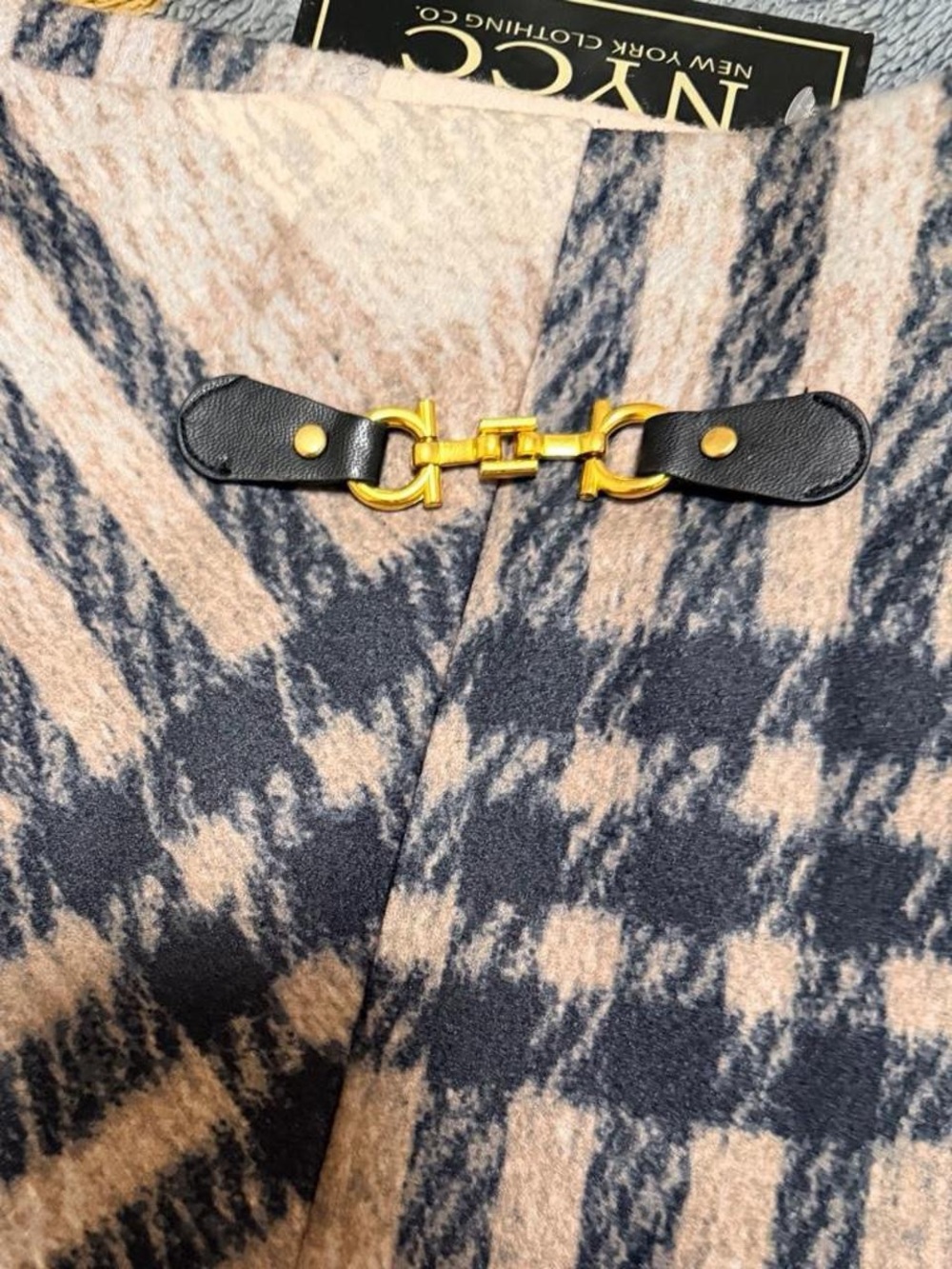 New York & Company Navy and Cream Plaid  Skirt with Gold Buckle - Picture 2 of 5